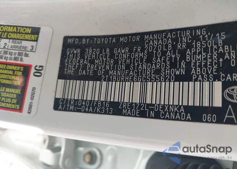 2016 Toyota Corolla Le from USA, damaged, VIN 2T1BURHE6GC555620